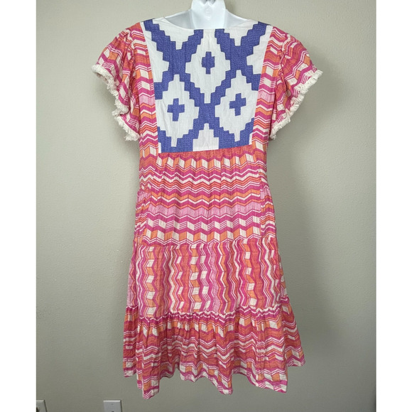 THML XS Pink Peach‎ Tribal Mini Dress Boho Fringe Tiered Cotton Metallic - Picture 5 of 8
